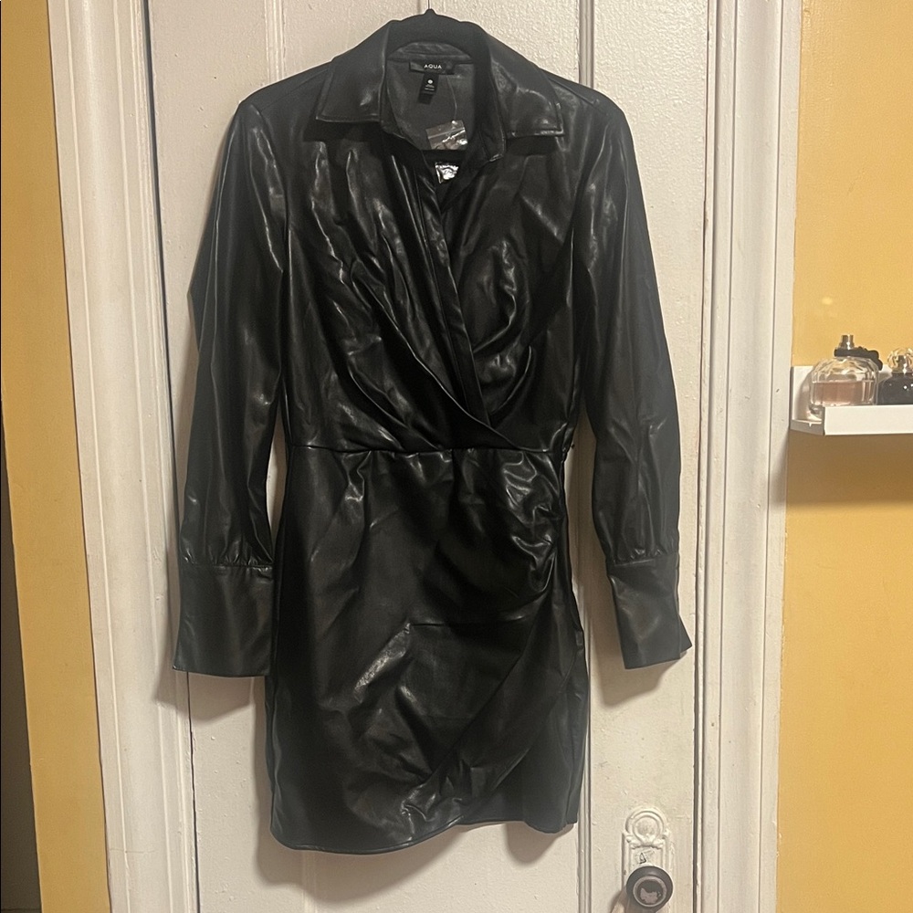 Aqua Black Faux Leather Mini Dress